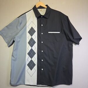 Hardaddy Men's XL Button Front Shirt Gray Black Argyle Retro Bowling Casual